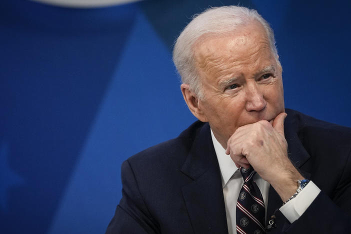 President Biden participates in a meeting on Feb. 22. Biden's approval rating is up to 44%, which marks a third straight month of increases to Biden's approval rating.