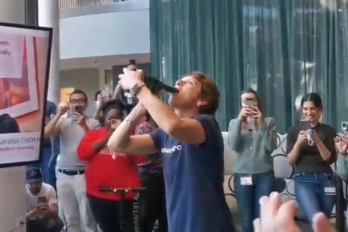 Carolyn Bertozzi celebrates winning a Nobel Prize in chemistry Wednesday at Stanford University in California.