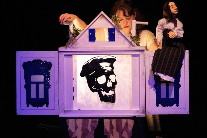 Puppeteer Shoshana Bass created this Baba Yaga puppet, and Maria Pugnetti created the panoramic scroll that makes up the background.