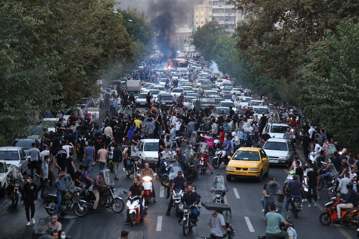 Iranian demonstrators protest in Tehran on Sept. 21, after Mahsa Amini died in custody of the country's so-called morality police.