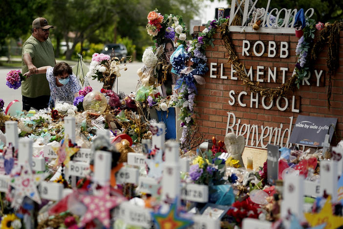 A memorial honoring the school shooting victims at Robb Elementary is seen on July 12 in Uvalde, Texas.