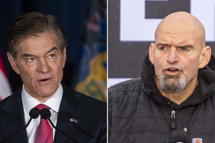 Celebrity TV doctor Mehmet Oz, left, has benefited from millions of dollars spent on TV ads from outside groups to help him close the gap with Lt. Gov. John Fetterman in the Pennsylvania Senate race.