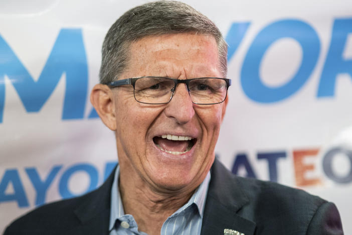 Michael Flynn, former national security adviser to former President Donald Trump, speaks to attendees as he endorses New York City mayoral candidate Fernando Mateo during a campaign event on June 3, 2021, in Staten Island, N.Y.