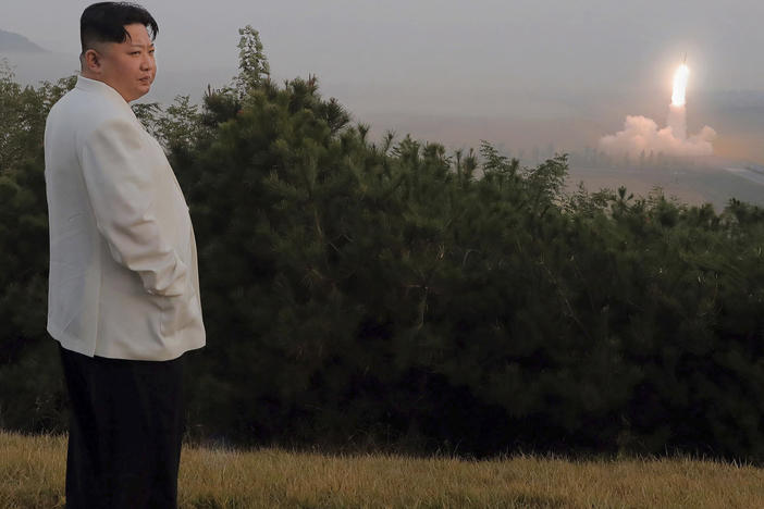 This photo provided on Oct. 10, 2022, by the North Korean government, North Korean leader Kim Jong Un inspects a missile test at an undisclosed location in North Korea, as taken sometime between Sept. 25 and Oct. 9.