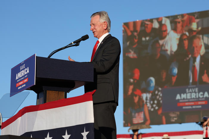 U.S. Sen. Tommy Tuberville (R-Ala.) speaks during a campaign rally at Minden-Tahoe Airport on Saturday in Minden, Nevada.
