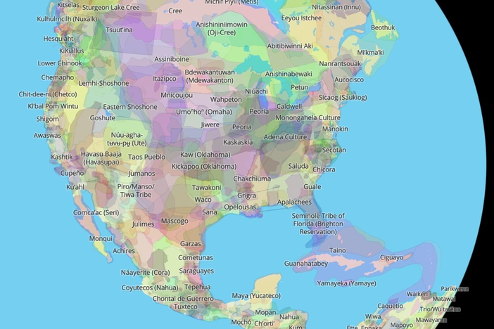A screenshot of a portion of the interactive map from Native Land Digital shows which Native territories have inhabited different regions of the Americas, based on a variety of historical and Indigenous sources.