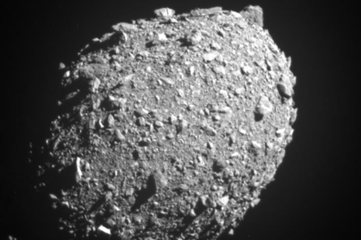 Asteroid moonlet Dimorphos as seen by the DART spacecraft 11 seconds before impact.