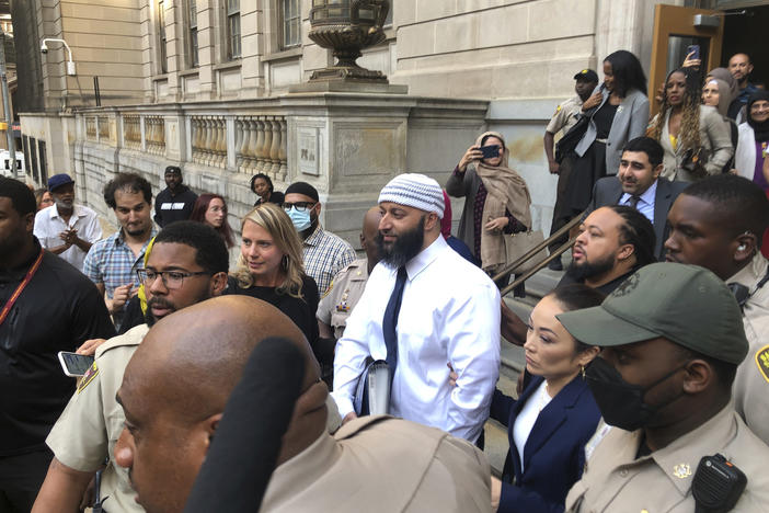 Adnan Syed (center), leaving court on Sept. 19. He was released after a judge overturned his conviction in the 1999 murder of Hae Min Lee.