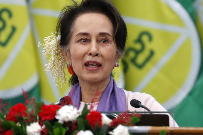 Myanmar's then leader Aung San Suu Kyi delivers a speech during a meeting on implementation of Myanmar Education Development in Naypyidaw, Myanmar, Jan. 28, 2020.