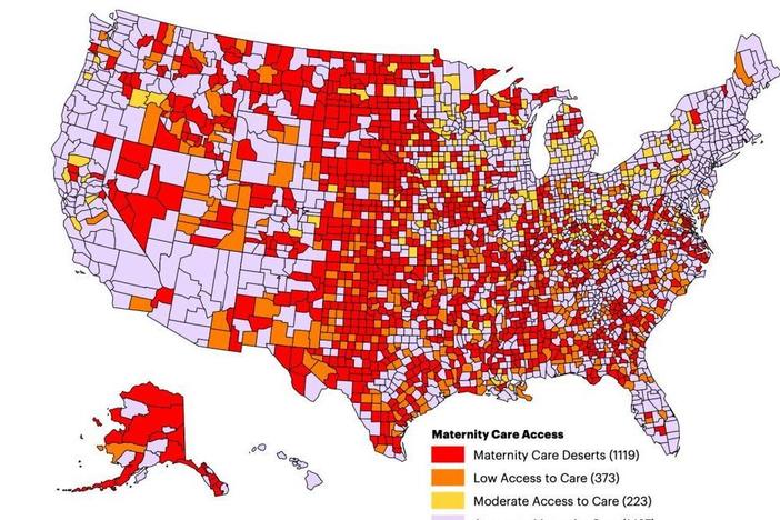 This map from the nonprofit March of Dimes shows maternity care deserts across the U.S. in 2020.