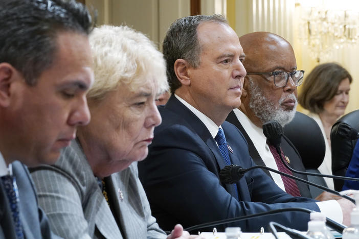 Jan. 6 House committee members, from left, Democratic Reps. Pete Aguilar, Zoe Lofgren, Adam Schiff and Chairman Bennie Thompson, are on the ballot in November, as are Reps. Jamie Raskin and Elaine Luria.