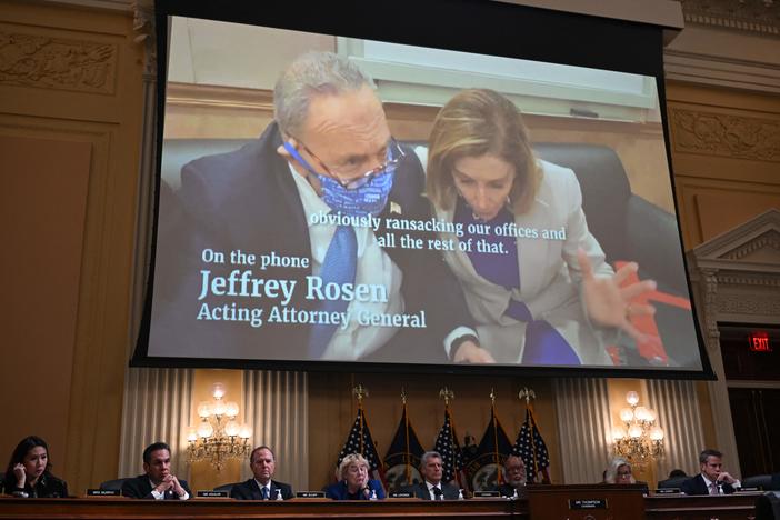 Video played at Thursday's hearing shows Sen. Chuck Schumer and House Speaker Nancy Pelosi making calls for help during Jan. 6, 2021.