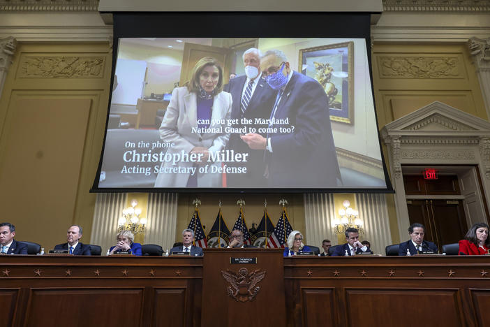 A video of U.S. Speaker of the House Nancy Pelosi (D-CA), Senate Majority Leader Charles Schumer (D-NY) and House Majority Leader Steny Hoyer (D-MD) is played during a hearing by the House Select Committee to Investigate the January 6th Attack on the U.S. Capitol in the Cannon House Office Building on October 13, 2022 in Washington, DC.
