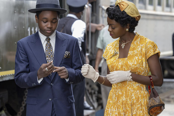 Jalyn Hall plays Emmett Till and Danielle Deadwyler is his mother, Mamie Till-Mobley, in <em>Till. </em>