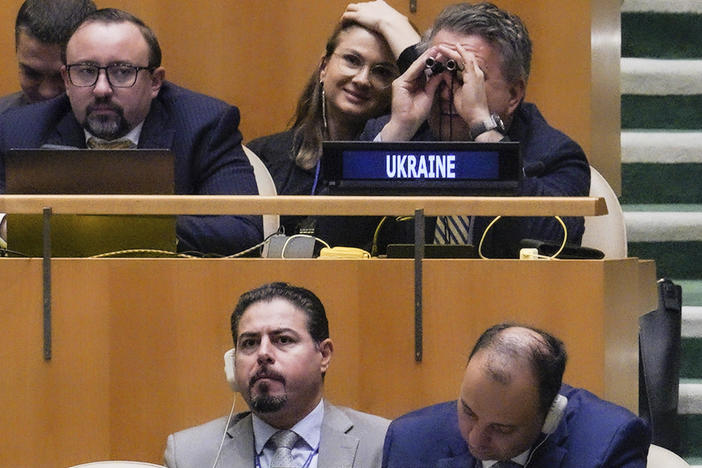 U.N. Ambassador from Ukraine Sergiy Kyslytsya uses binoculars in the U.N. General Assembly before a vote condemning Russia's move to illegally annex parts of Ukraine.
