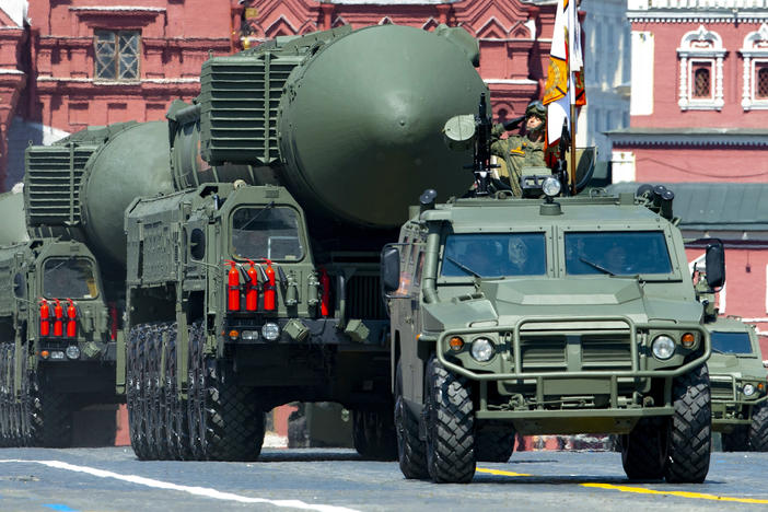 Russian missiles roll in Red Square in Moscow. President Vladimir Putin has warned that he wouldn't hesitate to use nuclear weapons to ward off Ukraine's attempt to reclaim control of its occupied regions.