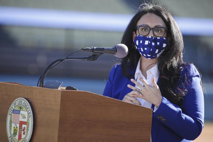 Los Angeles City Council President Nury Martinez addresses a press conference held at Dodger Stadium on Jan. 15, 2021, in Los Angeles. The president of the Los Angeles City Council resigned from the council on Wednesday after she was heard making racist comments and other coarse remarks in a leaked recording of a conversation with other Latino leaders.