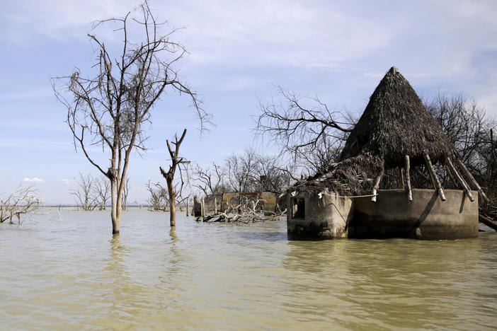 An old hotel is submerged by rising water levels in Lake Baringo in Kampi ya Samaki, Kenya on July 20, 2022.