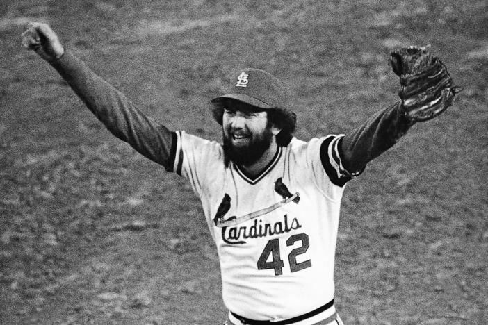 St. Louis Cardinals ace reliever Bruce Sutter celebrates after the last out in the ninth inning of Game 7 of the World Series at St. Louis, on Oct. 20, 1982. The Hall of Famer and 1979 Cy Young winner has died at age 69.