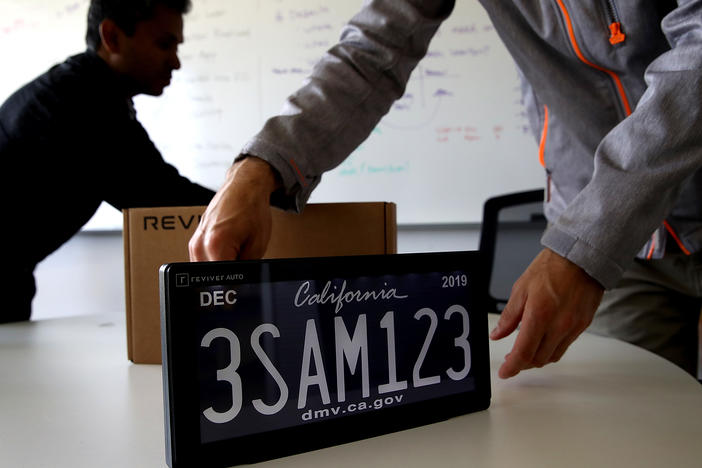 A digital license plate made by Reviver is shown in California on May 30, 2018.