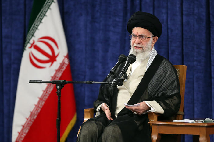 In this picture released by the official website of the office of the Iranian supreme leader, Supreme Leader Ayatollah Ali Khamenei speaks in a meeting with members of the Expediency Council, in Tehran, Iran, Wednesday, Oct. 12, 2022.