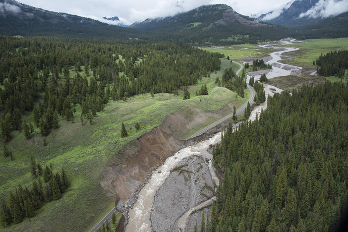 Sections of Northeast Entrance Road are washed out following historic flooding in Yellowstone National Park in June.