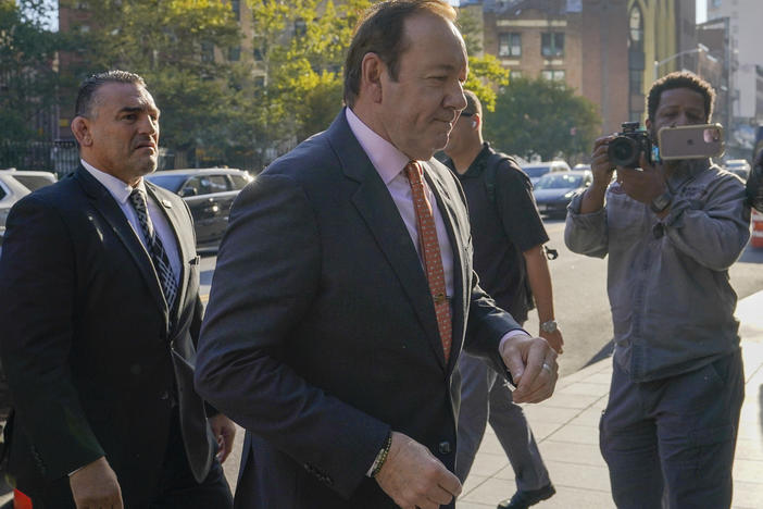 Actor Kevin Spacey arrives at Federal court for his civil lawsuit trial on Oct. 12 in New York. Spacey is facing a jury in a New York City courtroom during a civil trial accusing him of sexually abusing a 14-year-old actor in the 1980s when he was 26.