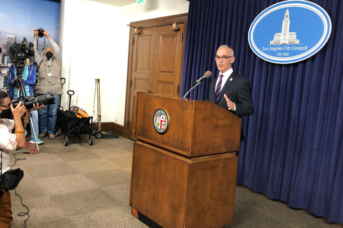 Acting Los Angeles City Council President Mitch O'Farrell discusses the ongoing scandal a week after a leaked recording of racist remarks by council members came to light during a news conference at City Hall in Los Angeles on Monday, Oct. 17, 2022.