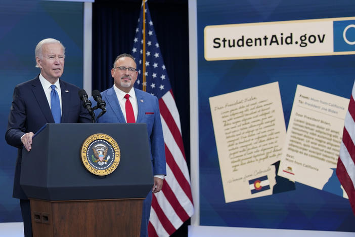 President Joe Biden and Education Secretary Miguel Cardona announce the student debt relief application is now live.