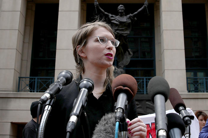 Former U.S. Army intelligence analyst Chelsea Manning addresses reporters outside a U.S federal courthouse in Alexandria, Va., in 2019.
