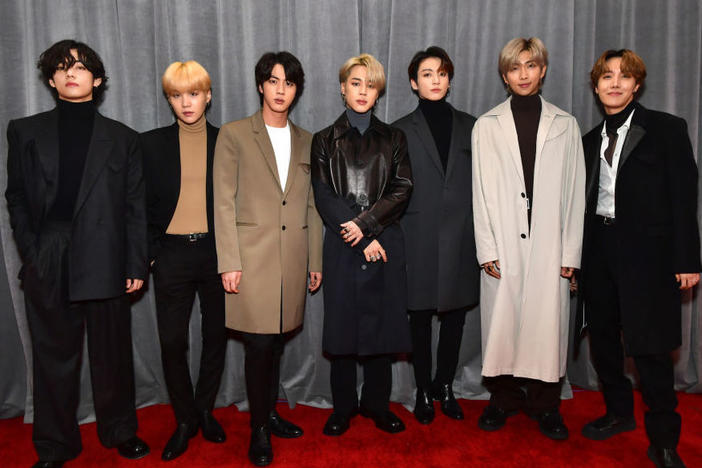 The band BTS poses during the Grammy Awards ceremony in Los Angeles in 2020.