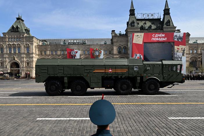 A Russian Iskander-M missile launcher parades through Red Square in central Moscow on May 7, 2022. The Iskander is one of several Russian systems that can launch nuclear weapons.