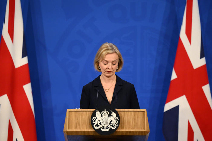 Britain's Prime Minister Liz Truss attends a news conference in the Downing Street Briefing Room in central London, Oct. 14. Truss has only been in office for six weeks but has already drawn calls for her removal.