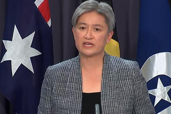 In this image taken from video, Australian Foreign Minister Penny Wong speaks during a press conference, Tuesday, Oct. 18, 2022, in Canberra, Australia.