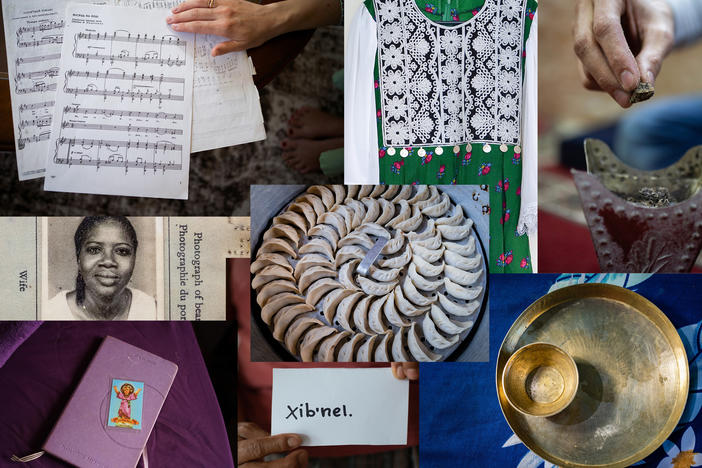 Here's what eight refugees cherish as a touch of home (clockwise from top left): Ukrainian sheet music; an Afghan dress; incense stones from Yemen; a ceremonial cup and plate from an Indian village; a word from the K'iche' language from Guatemala; a diary kept by a trans woman from Honduras; a Liberian woman's passport; and (center) a Tibetan dumpling that has proved popular in Kashmir.