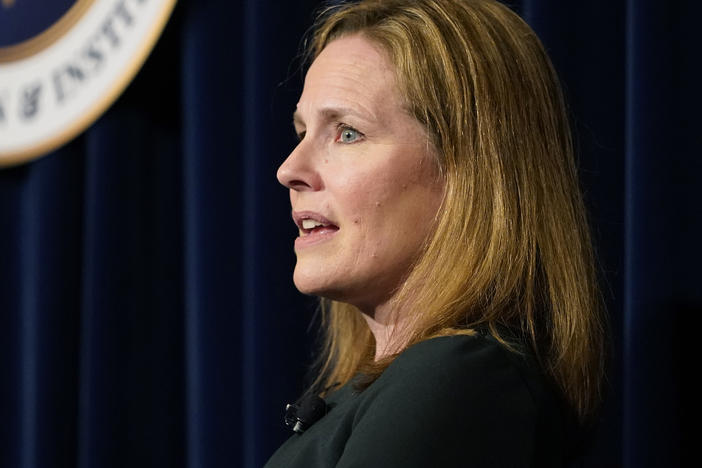 U.S. Supreme Court Associate Justice Amy Coney Barrett speaks at the Ronald Reagan Presidential Library Foundation in Simi Valley, Calif., on April 4, 2022.