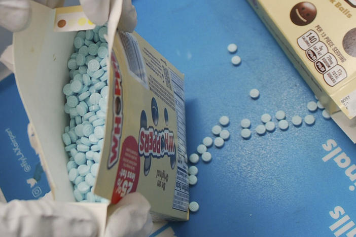 This image provided by the Los Angeles County Sheriff's Department shows suspected fentanyl pills seized at the Los Angeles International Airport Wednesday, Oct. 19, 2022 in Los Angeles.