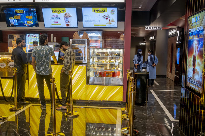 The lobby of the new multiplex movie theater before afternoon screenings in Srinagar, on Oct. 1.