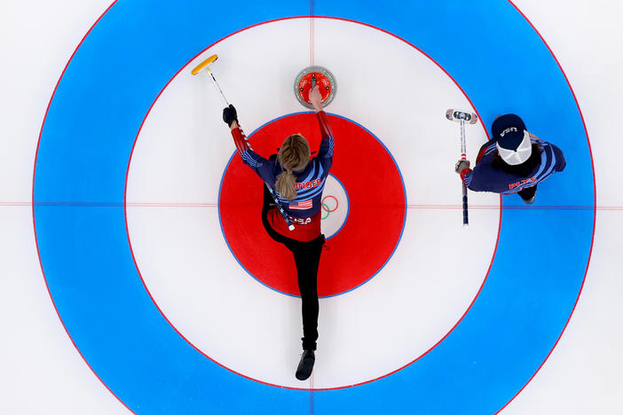 Victoria Persinger (left) and Christopher Plys of Team USA compete against Team Norway during the Curling Mixed Doubles Round Robin ahead of the Beijing 2022 Winter Olympics at the National Aquatics Center in Beijing on on Feb. 3.