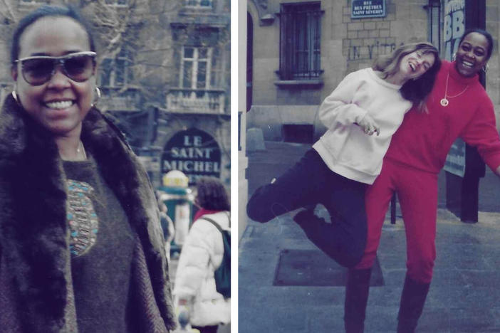 Renee Pringle, pictured on a reporting trip to Paris in early 1989 (she can be seen hoisting reporter Renee Montagne up in the photo at right). The longtime NPR audio engineer died on Oct. 16.