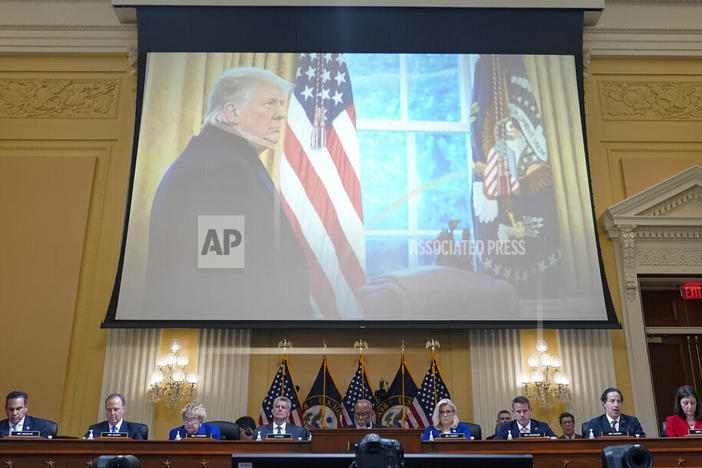 A photo of then-President Donald Trump in the Oval Office as he returns from speaking on the Ellipse on Jan. 6, 2021, is seen as the House select committee investigating the Jan. 6 attack on the U.S. Capitol holds a hearing on Oct. 13.