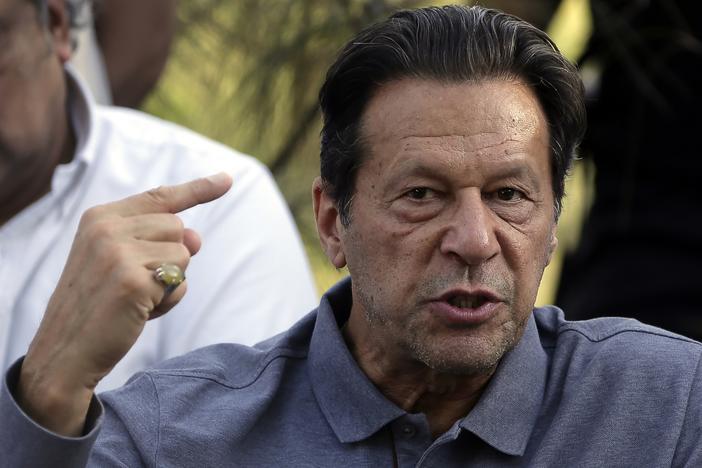Imran Khan speaks during a news conference in Islamabad on April 23. Pakistan's elections commission on Friday disqualified the former prime minister from holding public office for five years.
