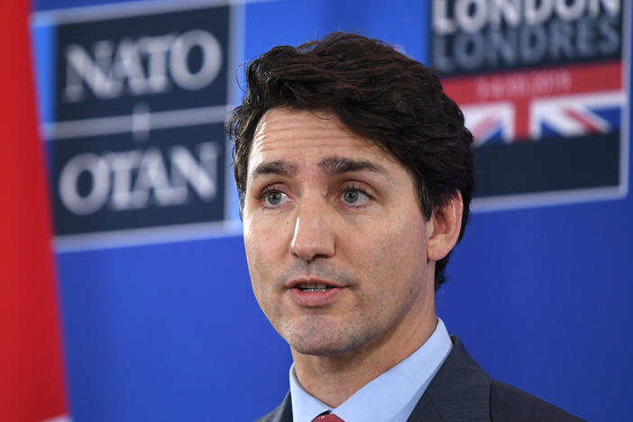 Canadian Prime Minister Justin Trudeau speaks at the NATO summit in Hertford, England, on Dec. 4, 2019. On Friday, he announced a national freeze on the sale, purchase, and transfer of handguns.
