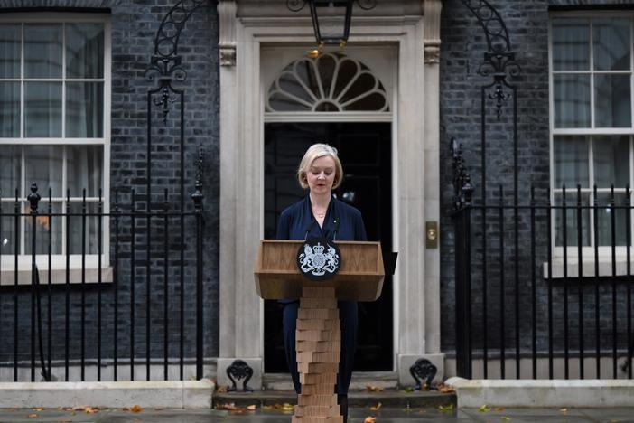 Britain's Prime Minister Liz Truss resigns in a speech outside of 10 Downing Street in central London on October 20, 2022.