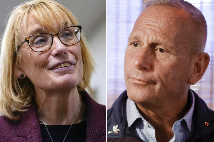 New Hampshire Democratic Sen. Maggie Hassan seen on Oct. 11 and Don Bolduc, Republican candidate for U.S. Senate in New Hampshire, seen on Oct. 5.