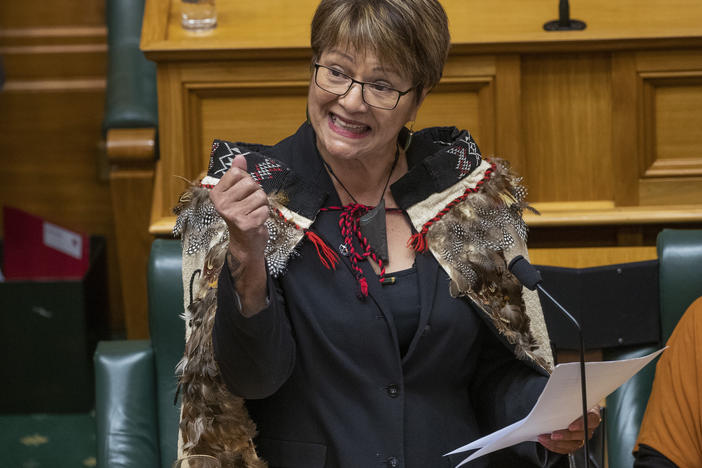 New Labour MP Soraya Peke-Mason gestures during her maiden speech at Parliament in Wellington, New Zealand, Tuesday, Oct. 25, 2022.