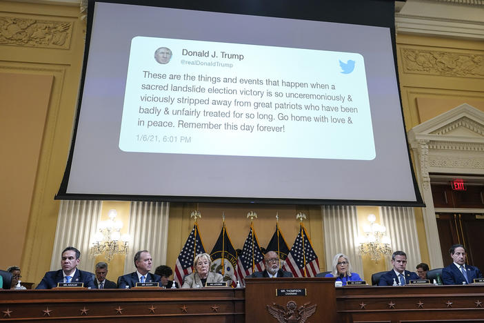 A tweet by former President Donald Trump is displayed on a screen during a hearing held by the House Jan. 6 committee on June 9.