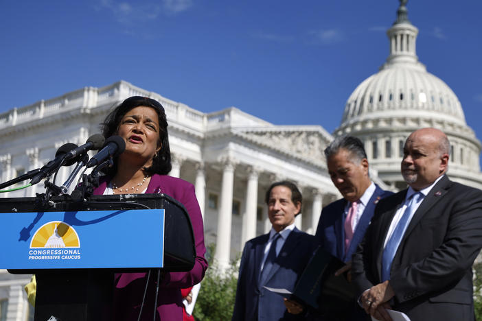 Rep. Pramila Jayapal and fellow members of the House Progressive Caucus hold a news conference ahead of the vote on the Inflation Reduction Act on Aug. 12, 2022.