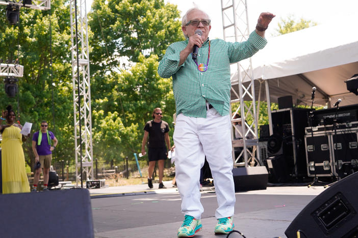 Grand Marshal Leslie Jordan addresses the crowd during day 1 of Nashville Pride 2022 on June 25, 2022 in Nashville, Tenn.