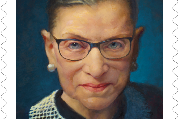 Late Supreme Court Justice Ruth Bader Ginsburg is being honored with a new Forever stamp from the U.S. Postal Service, showing her wearing a white collar with her black judicial robe.